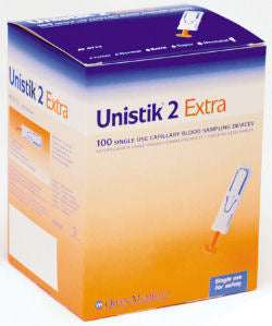 Unistik 2 Extra blood sampling device 100 count, packaged in a small orange and purple cardboard box