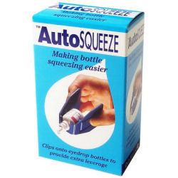 AutoSqueeze. Small blue plastic clip to easily administer eye drops. Packaged in small blue and white cardboard box.