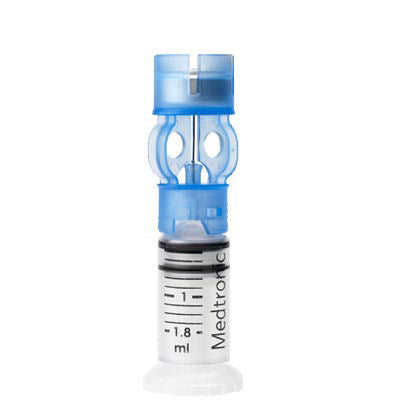 Medtronic Paradigm 1.8 milliliter Reservoir MMT-326. Device is a white and blue plastic syringe.
