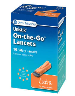 Unistik 3 extra edition 16 count on-the-go safety lancets. Packaged in a small blue and orange cardboard box