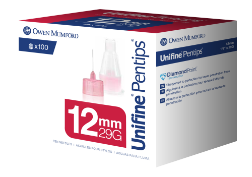 Unifine Pentips Original 12mm 29 gauge 100 count. Packaged in a small white and red cardboard box