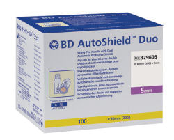BD Autoshield Duo 5mm 100 count. Packaged in a small white, blue, and yellow cardboard box.