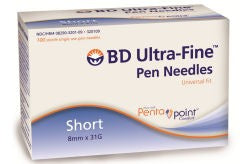 BD ultra fine III Short Mini Pen Needles 90 count. Packaged in a beige and light purple small cardboard box.