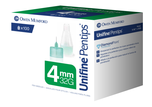 Owen Mumford Pentips 4mm 32 gauge 100 count. Packaged in a white and green small cardboard box.