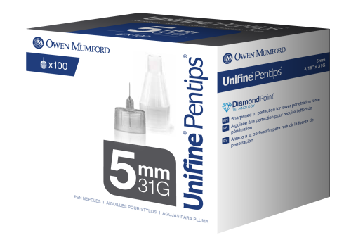 Owen Mumford Pentips 5mm 31 gauge 100 count. Packaged in a white and black small cardboard box.
