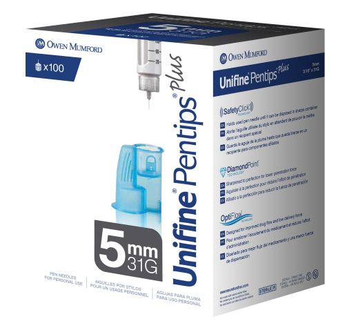 Unifine Pentips Plus Mini 5mm 31 gauge 100 count. Packaged in a small white and grey cardboard box.