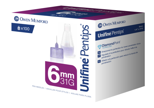 Unifine Pentips Plus Ultra Short 6mm 31 gauge 100 count. Packaged in a small white and purple cardboard box.