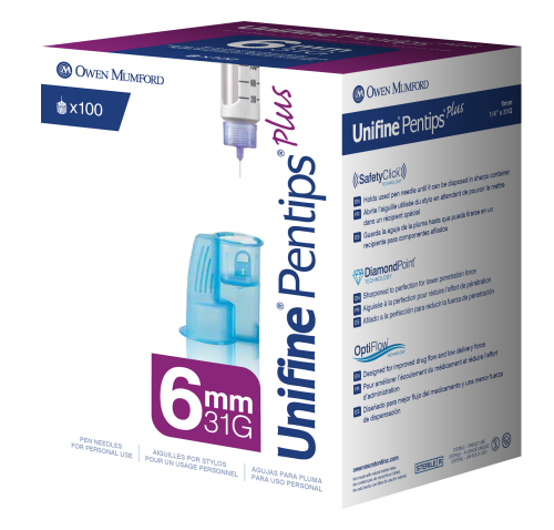 Owen Mumford Pentips 6mm 31 gauge 100 count. Packaged in a white and purple small cardboard box.