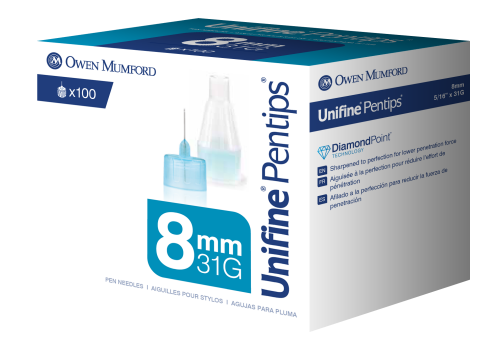 Owen Mumford Pentips 8mm 31 gauge 100 count. Packaged in a blue and white small cardboard box.