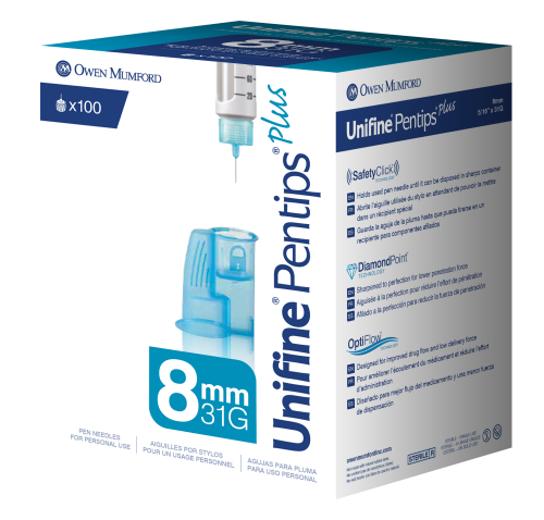 Unifine Pentips Plus short 8mm 31 gauge 100 count. Packaged in a small white and blue cardboard box.