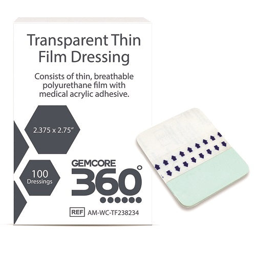 GEMCORE 360 TRANSPARENT THIN FILM DRESSING, packaged in a small white box, contains 100 2.375 x 2.75 dressings