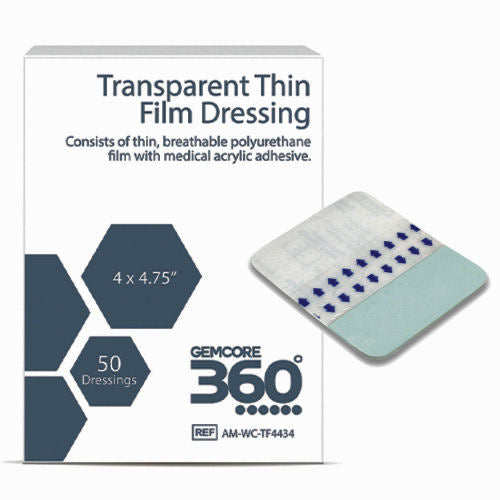 GEMCORE 360 TRANSPARENT THIN FILM DRESSING, packaged in a small white box, contains 50 4 x 4.75 dressings