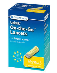 Unistik 3 normal edition 16 count on-the-go safety lancets. Packaged in a small blue and orange cardboard box