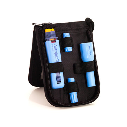 Autoject 2 Model AJ1300. Case to hold device is a black pouch, with various straps to hold supplies.