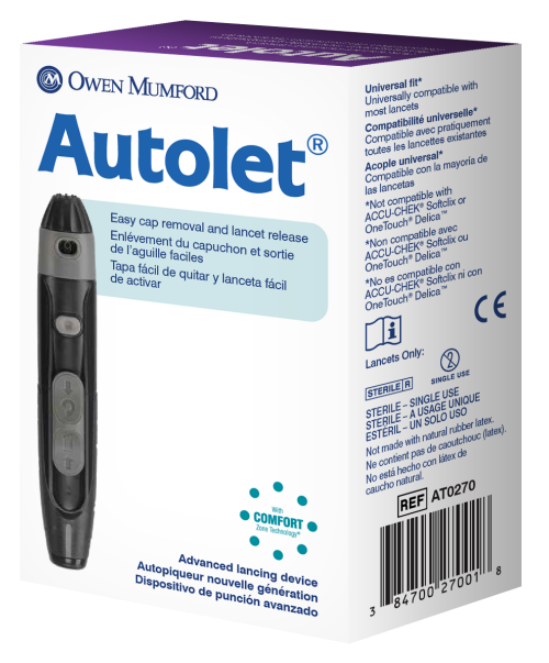 Autolet Plus Lancing Device, packaged in a small white box with purple on the top and blue lettering