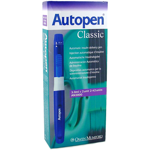 Autopen 3.0mL reusable insulin cartridge delivery pen. 2 unit. Device is dark green with white. Packaged in a cardboard box.