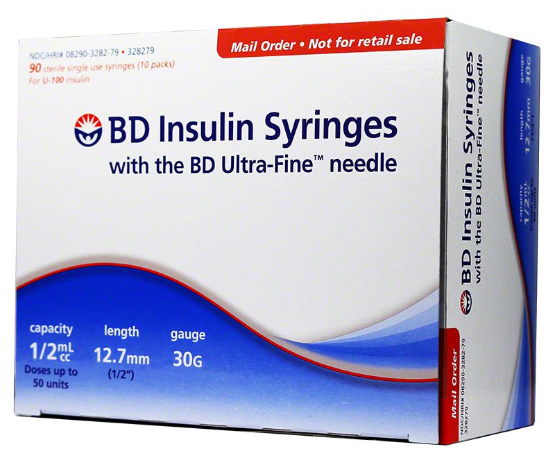 BD ultra fine Syringes 1/2cc 12.7mm 30 gauge 90 count. Packaged in a small white and blue cardboard box with red accents