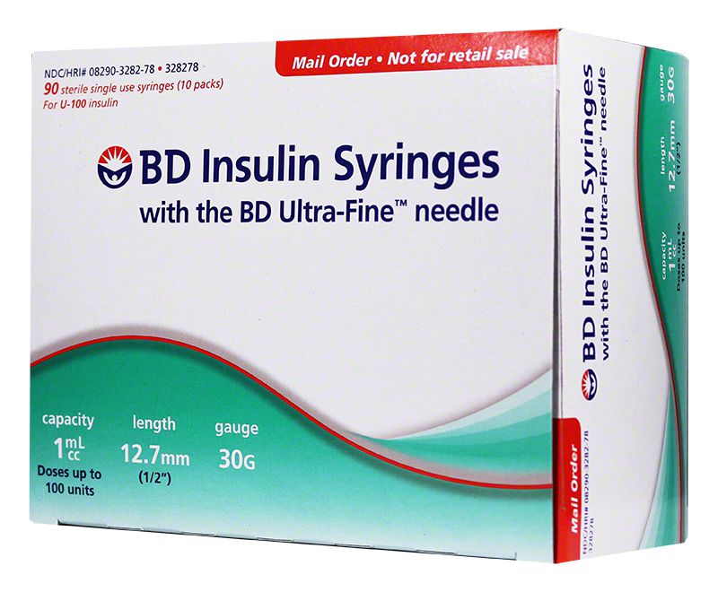 BD ultra fine syringes 1cc 12.7mm 30 gauge 90 count. packaged in a small green and white cardboard box with red accents.