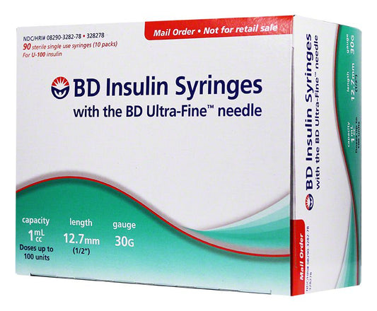 BD ultra fine syringes 1cc 12.7mm 30 gauge 90 count. packaged in a small green and white cardboard box with red accents.