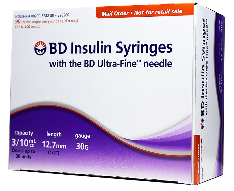 BD ultra fine syringes 3/10cc 12.7mm 30g 90 count. Packaged in a small white and purple cardboard box with red accents.