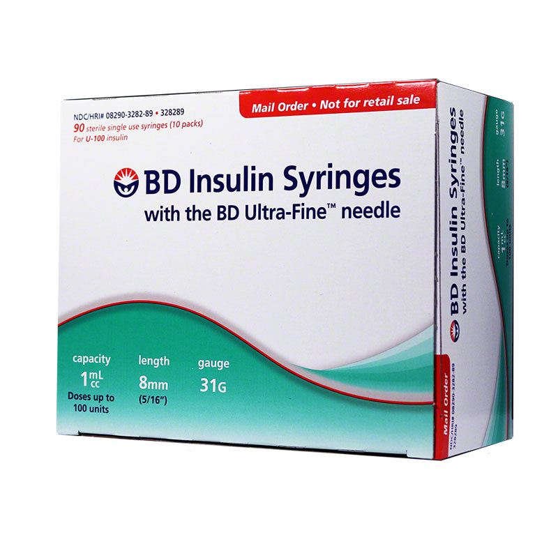 BD ultra fine syringes 1cc 8mm 31 gauge 90 count. Packaged in a small green and white cardboard box with red accents.