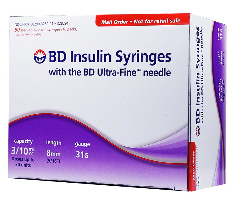 BD ultra fine syringes 1/2cc 8mm 31 gauge 90 count. Packaged in a small white and blue cardboard box with red accents.