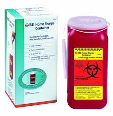 BD Home Sharps Container 1.4Qt. Red container packaged in cardboard box.