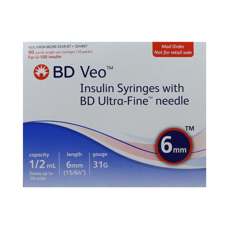 BD ultra fine veo syringes 1/2cc 6mm 31 gauge 90 count. Packaged in a small white and blue cardboard box.