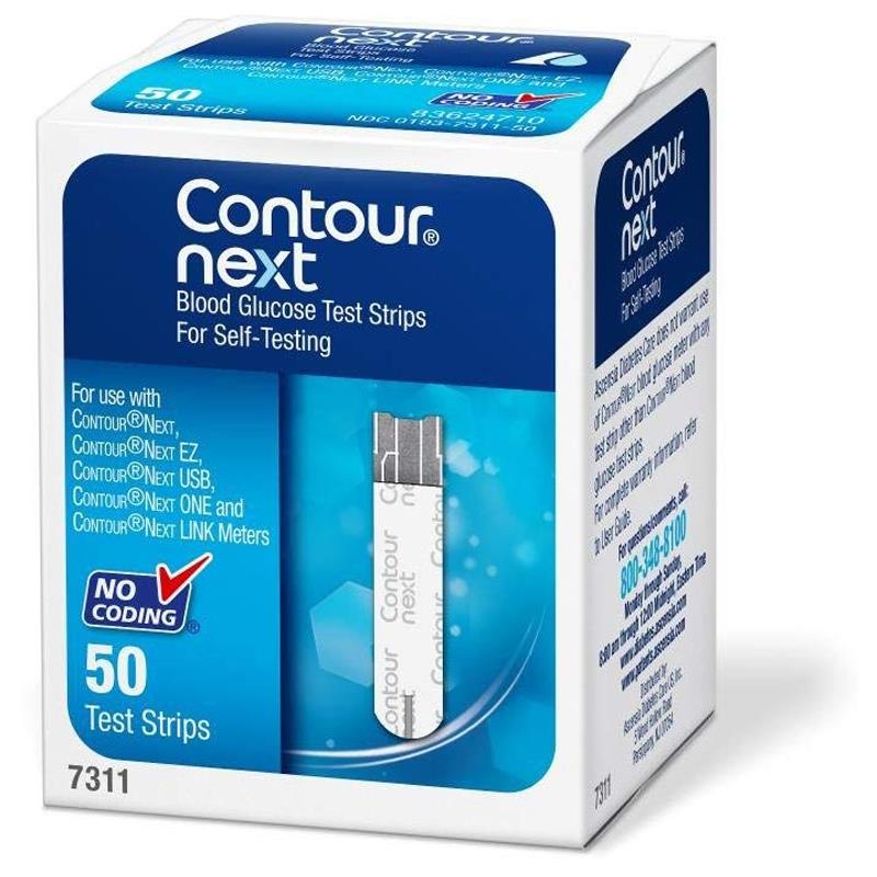 Bayer Contour Next Test Strips 50 count, packaged in a blue and white cardboard box