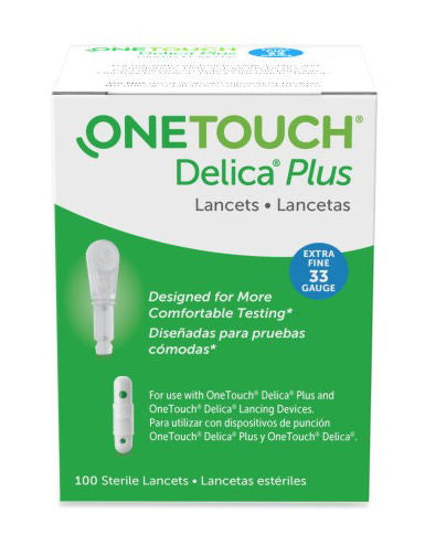 One Touch Delica Plus Lancing Device with 33 gauge in a small green and white cardboard box.
