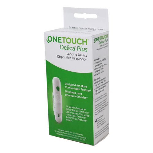 One Touch Delica Lancing Device, packaged in a small green and white cardboard box