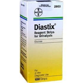 Diastix Urinalysis glucose test 100 count. packaged in a small yellow and white cardboard box