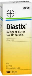 Diastix Urinalysis glucose test 50 count. packaged in a small yellow and white cardboard box