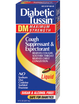 Diabetic Tussin DM Maximum Strength 4 ounces. Packaged in a small blue, red, and gold cardboard box.