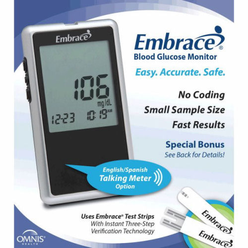 Embrace Talking Blood Glucose Meter - No coding. Packaged in a small blue and white cardboard box.