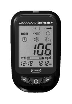 Glucocard Expression edition 150 Strips and Meter Combo. Device is black with toggle buttons for digital display
