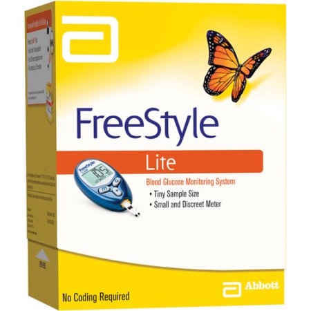 FreeStyle Lite Blood Glucose Monitoring System, packaged in a small yellow, white, and orange cardboard box