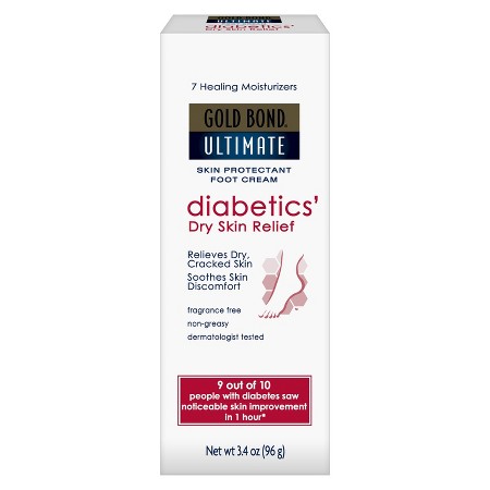 Gold Bond Ultimate Diabetic Dry Skin Relief Foot Cream 3.4 ounces. Packaged in a small white and red cardboard box.