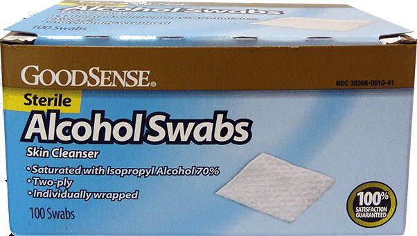 Goodsense Alcohol Swabs 100 count. Packaged in a small blue and brown cardboard box.