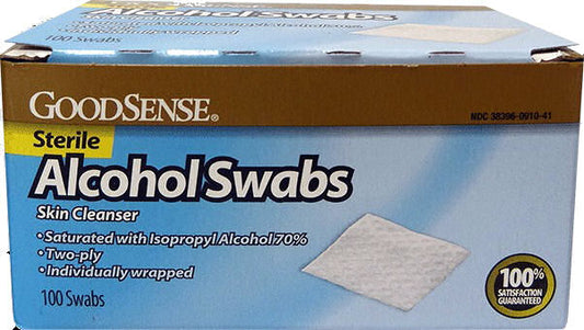 Goodsense Alcohol Swabs 100 count. Packaged in a small blue and brown cardboard box.