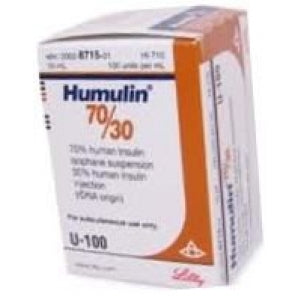 Humulin 70/30 10 milliliter vial. Vial packaged in a small white and orange cardboard box.