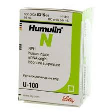 Humulin NPH 10 milliliter vial. Vial packaged in a small white and green cardboard box.