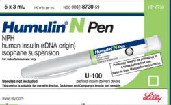 Humulin Pen NPH 3 milliliter. Pen packeg in a small white and green cardboard box.