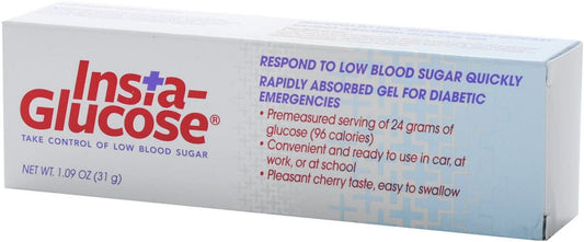 Insta Glucose Three pack. Packaged in a white and light blue gradient cardboard box.