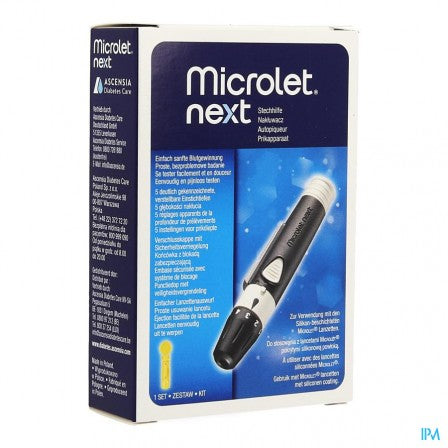 Microlet Next Lancing Device, packaged in a small black, blue, and white cardboard box