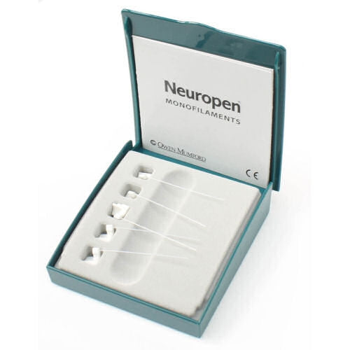 Neuropen 10g Monofilaments 5 count. Box is a dark green with white padding for monofilaments.