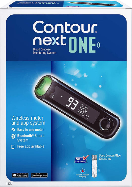 Bayer Contour Next One Blood Glucose Meter, packaged in a small blue and white cardboard box