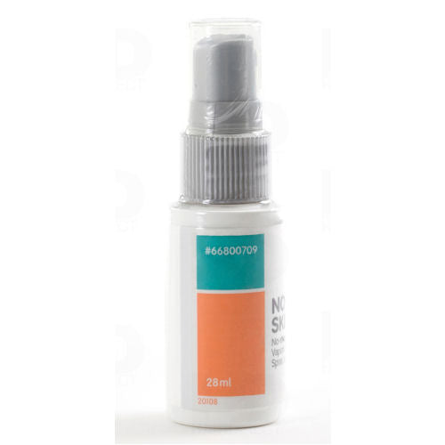 Skin Prep No Sting Protective Spray 1 ounce. Spray is inside a small white plastic bottles with teal and orange and grey nozzle.