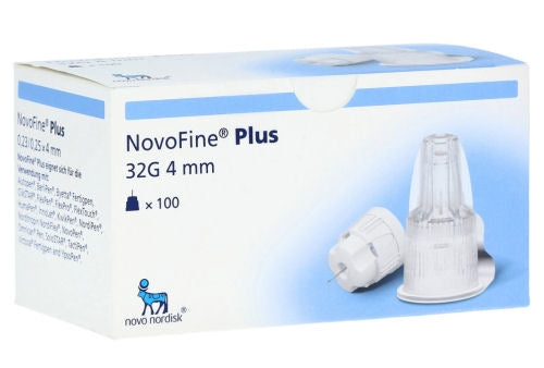 NovoFine Plus 32 gauge 100 count. Packaged in a small white and light blue cardboard box