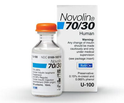 Novolin Vial 70/30. Vial is packaged in a small white and blue cardboard box.